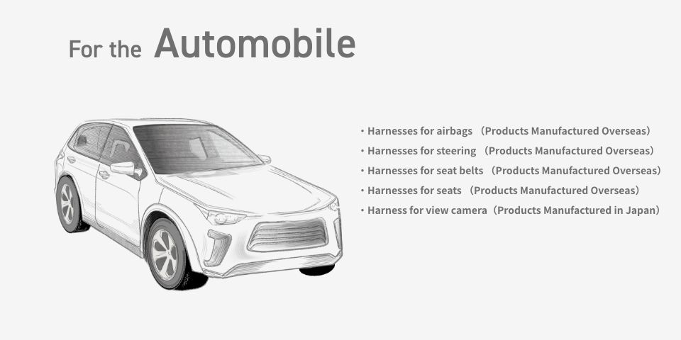 For the Automobile エアバッグ用ハーネス（海外拠点生産品） ステアリング用ハーネス（海外拠点生産品） シートベルト用ハーネス（海外拠点生産品） シート用ハーネス（海外拠点生産品） ビューカメラ用ハーネス（日本国内生産品）